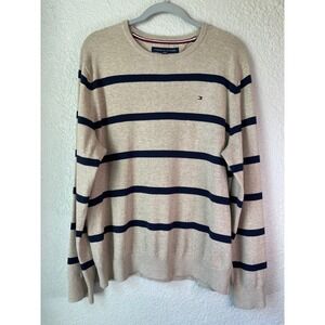 Tommy Hilfiger Striped Cotton Crewneck Sweater Large Tan‎ Navy Classic